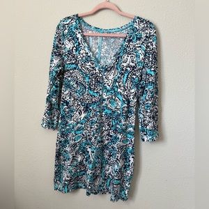 Lilly Pulitzer Juliet Blue and White Patterned Pima Cotton Dress Size Large
